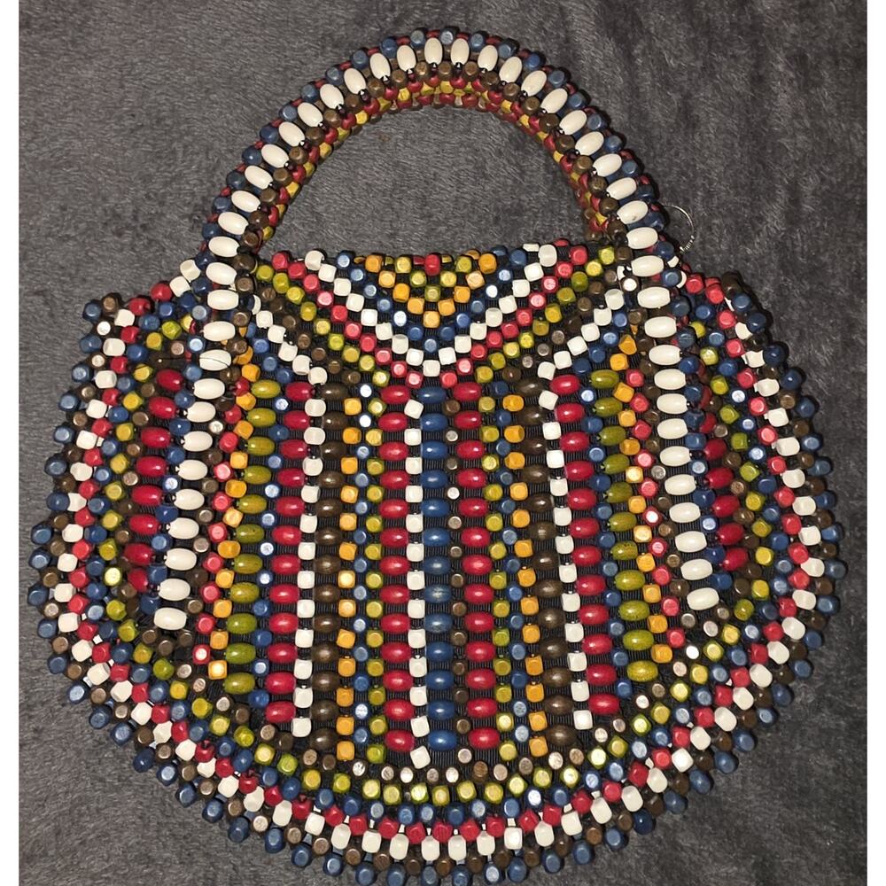 Vintage Multicolor Wooden Beaded Boho Handbag Purse Round Handle